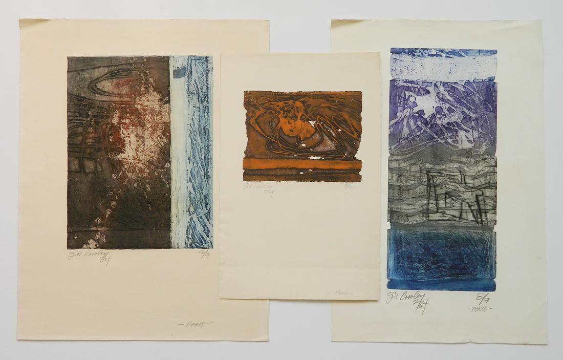 Gilbert Cowley 3 intaglio: Gilbert Cowley (American 1941- )- Untitled- 3 intaglio in color, 1964, all signed, dated, numbered 'E/A' (2) and '2/12', and annotated 'Paris' in pencil, minor foxing and paper toning, few small tears