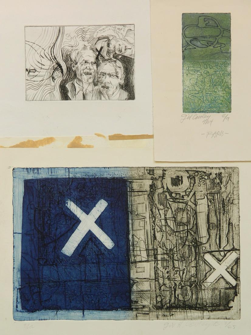 Gilbert Cowley 3 intaglio: Gilbert Cowley (American 1941- )- Untitled- 3 intaglio (2 in color), 1964, 1965 and n.d., 2 color ones signed, dated and annotated 'E/A' in pencil, 1 of which also annotated 'Paris' in pencil, minor f