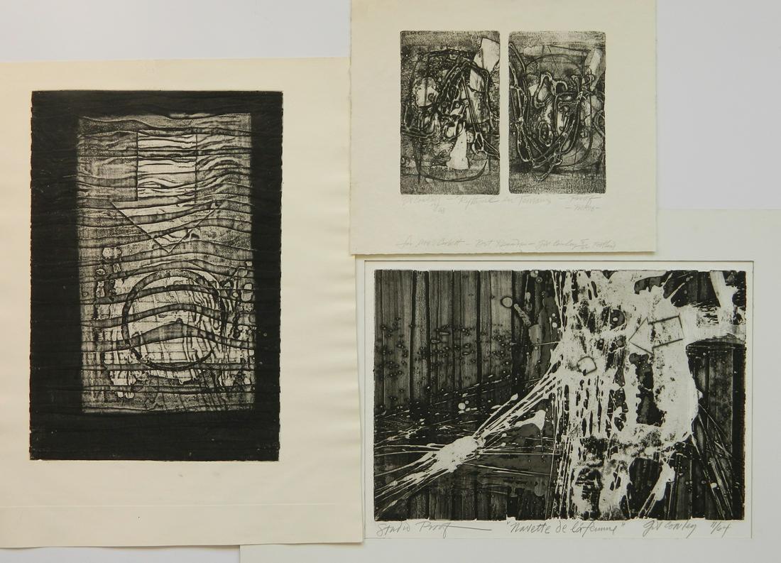 Gilbert Cowley 3 intaglio: Gilbert Cowley (American 1941- )- ''Rythme en Temaux (?)''; ''Novette de la femme''; Untitled- 3 intaglio, 1963, 1964, and n.d., 2 signed, dated and titled in pencil, 1 of which also annotated 'Studio