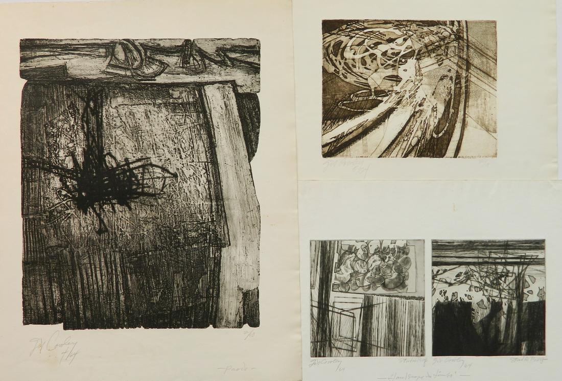 Gilbert Cowley 3 intaglio: Gilbert Cowley (American 1941- )- ''Landscape as Limbo''; ''Spider''; ''Brown Landscape''- 3 intaglio (1 in brown ink), 1964, all signed and dated in pencil, 'Landscape...' also titled and annotated '