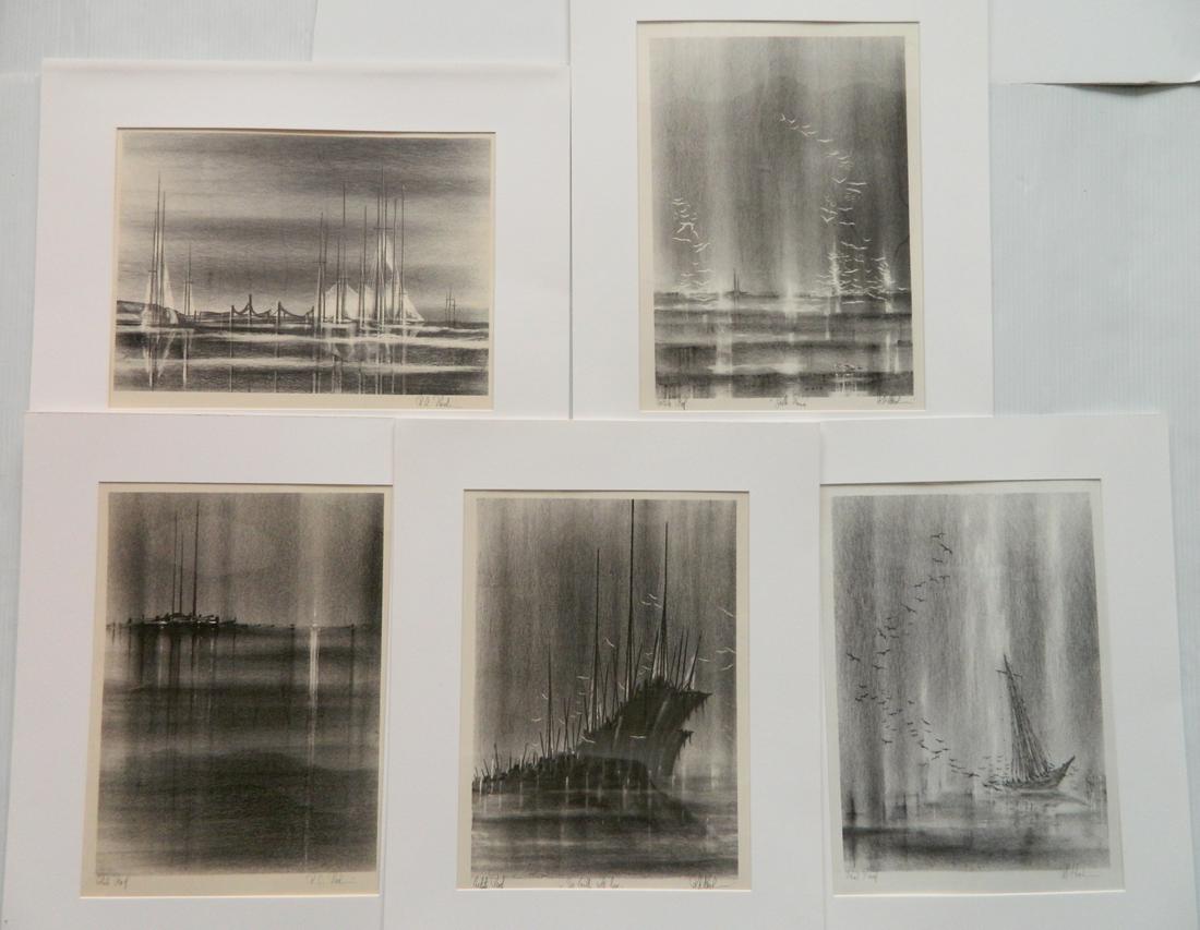 Richard A. Florsheim 5 lithographs: Richard A. Florsheim (American 1916-1979) 5 lithographs, all signed in pencil- 1.) ''Hulk'' (Iacono 186)- 1966, inscribed 'Artist Proof' and 'For (?) with Love' in pencil; 2.) ''Raising Sail'' (I. 120