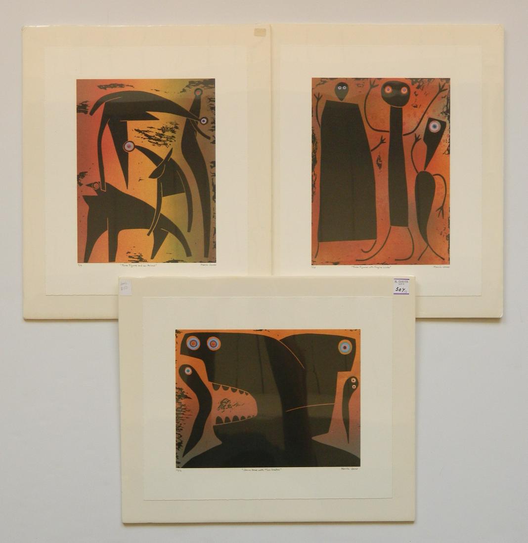 3 Marvin Jones relief prints: Marvin Jones (American 1940-2005)- ''Janus Head with Two snakes''; ''Three Figures and an Aniimal'' and ''Three Figures with Fragile Limbs''- 3 relief prints, all signed, titled and numbered in pencil