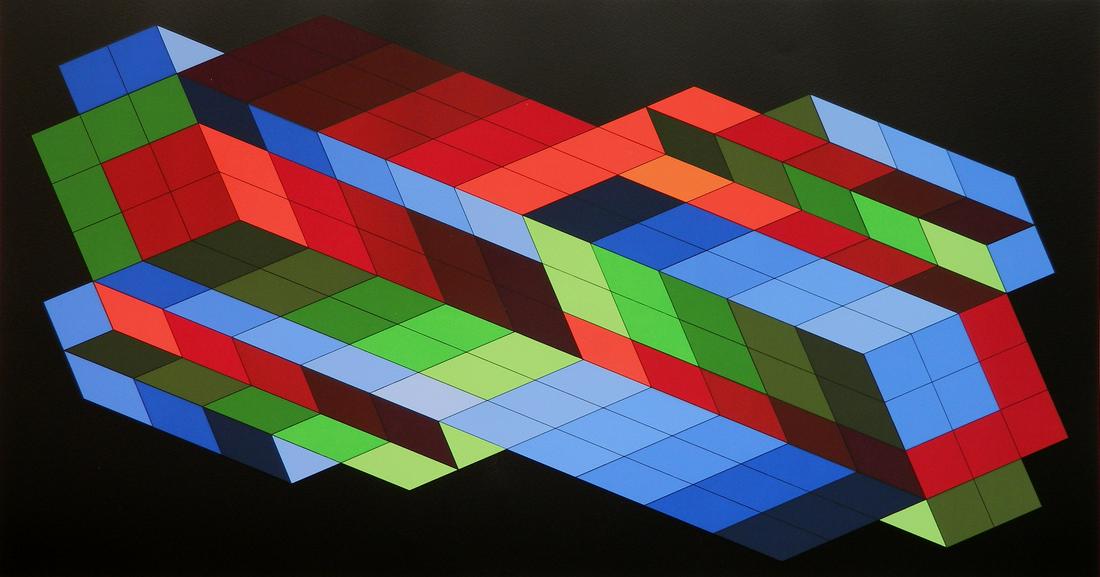 Victor Vasarely silkscreen: Victor Vasarely (Hungarian 1906-1997)- Untitled- silkscreen in color, signed and numbered 28/250, 1 3/4'' crease in lower center of image, though no ink breakage. 18 1/2 x 35''