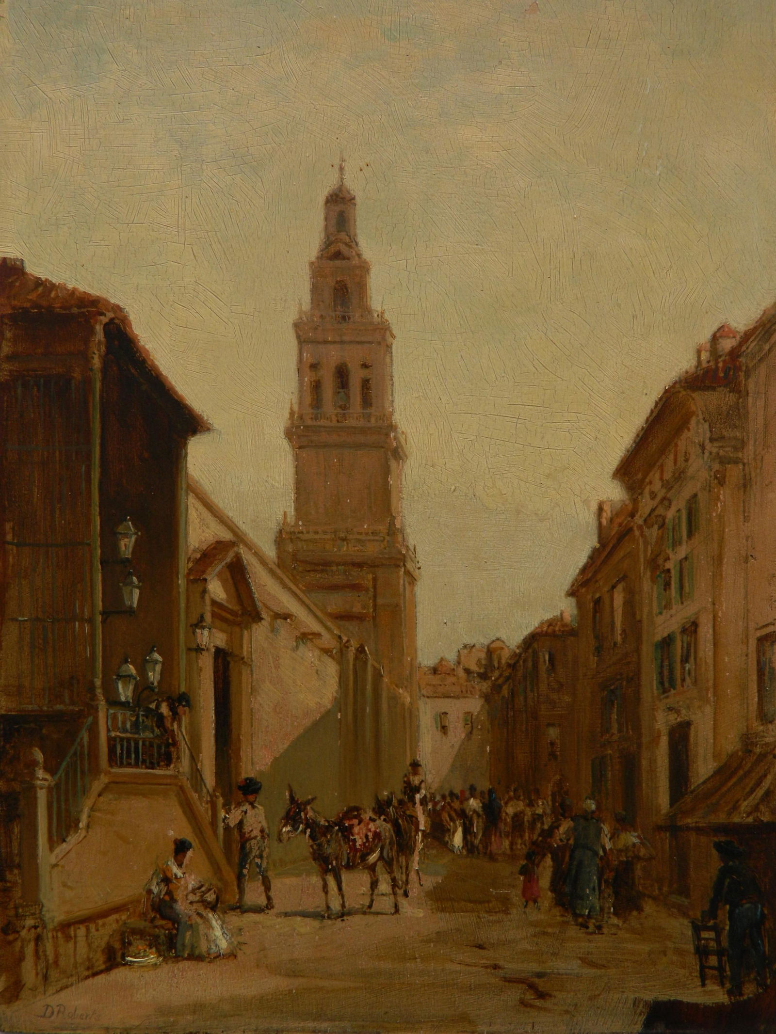 David Roberts oil: Attributed to David Roberts (British 1796-1864)- ''A Street in Cordova''- oil on panel, signed D. Roberts lower left, several areas of paint flaking. 11 x 8''