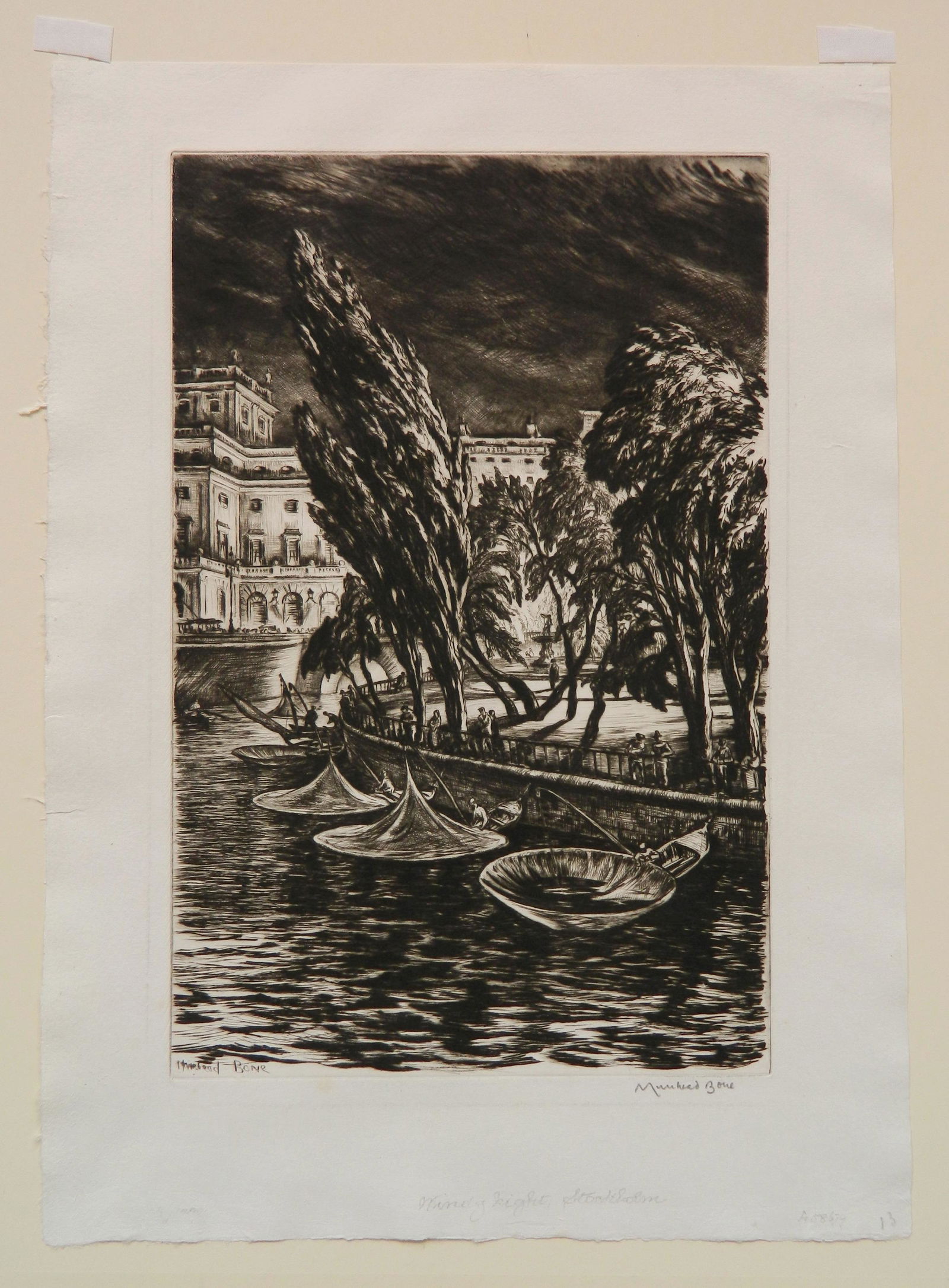 Muirhead Bone etching: Muirhead Bone (British 1876-1953)- ''Windy Night, Stockholm'' (Dodgson 457)- etching and drypoint, 1935, signed in pencil, edition of 93, very good condition. 11 7/8 x 7 5/8''