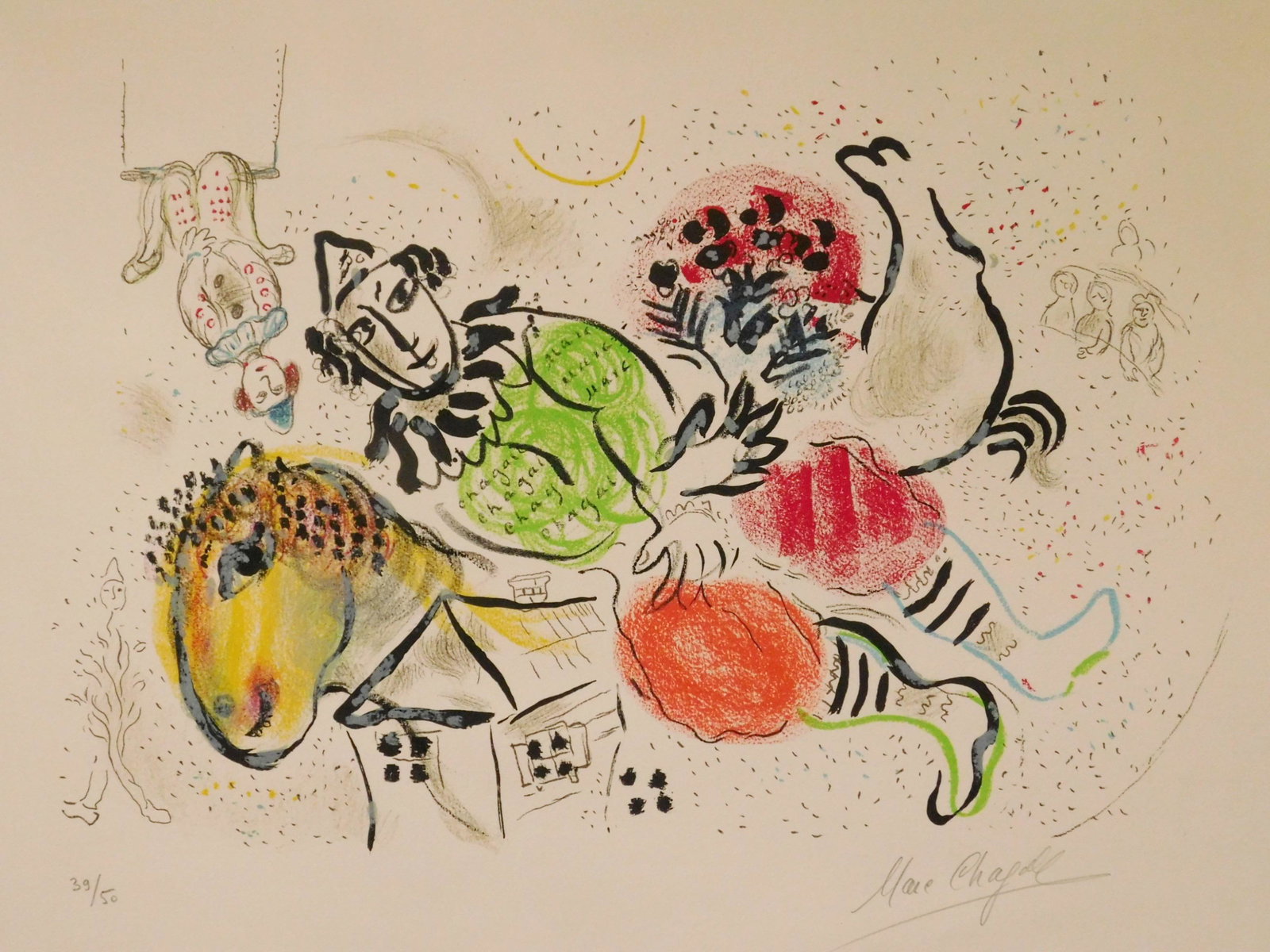 Marc Chagall lithograph in color: Marc Chagall (Russian/ French 1887-1985)- ''Cirque Ambulant'' (Mourlot 583)- lithograph in color, 1969, signed and numbered 39/50 in pencil, paper very slightly age toned otherwise good condition. 14 