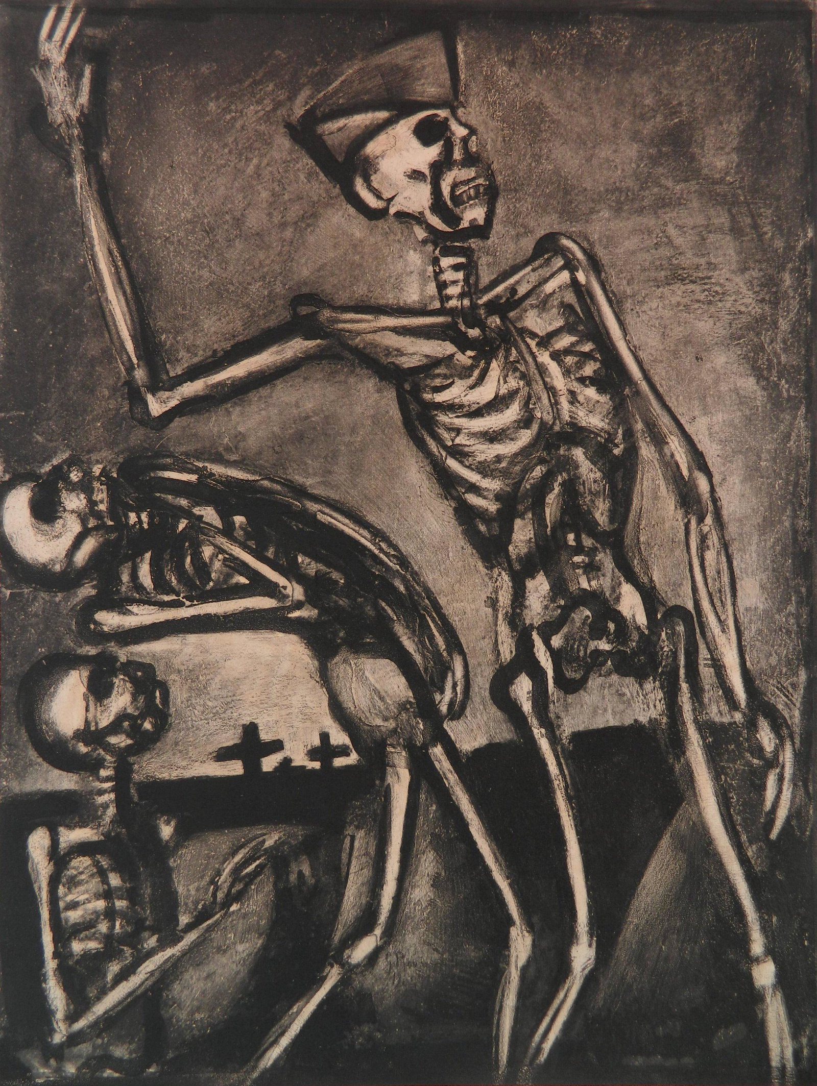Georges Rouault etching: Georges Rouault (French 1871-1958)- ''Debout Les Morts!'' (Wofsy 161)- ething on wove paper, from the series ''Miserere'', light struck and heavy mat burn. 23 x 17 1/2''ProvenancePrivate Collection of