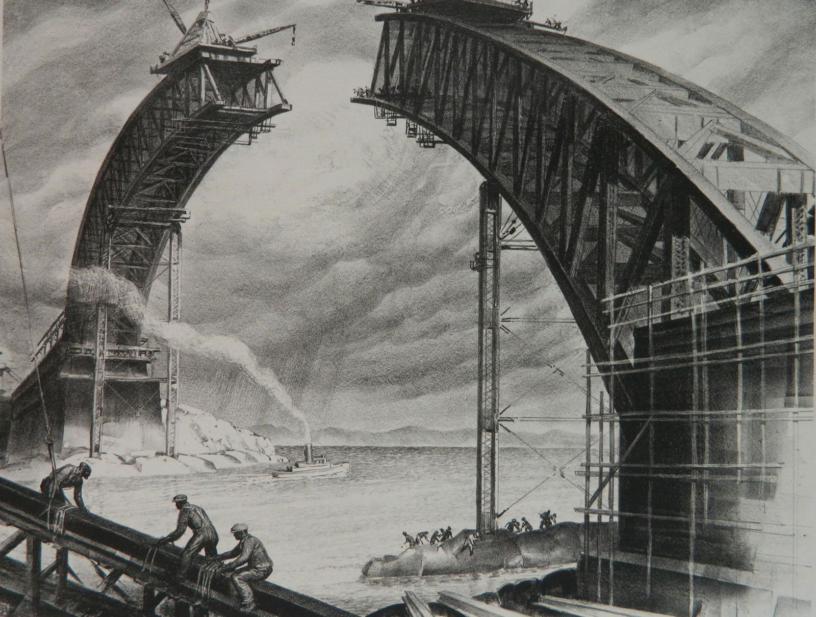 James Allen llithograph: James E. Allen (American 1894-1964)- ''Arch of Steel'' (Ryan 2)- lithograph, 1937, signed annotated 'Ed. 60' and inscribed 'to my very good friends- the Mitchells- James E. Allen' in pencil, very good