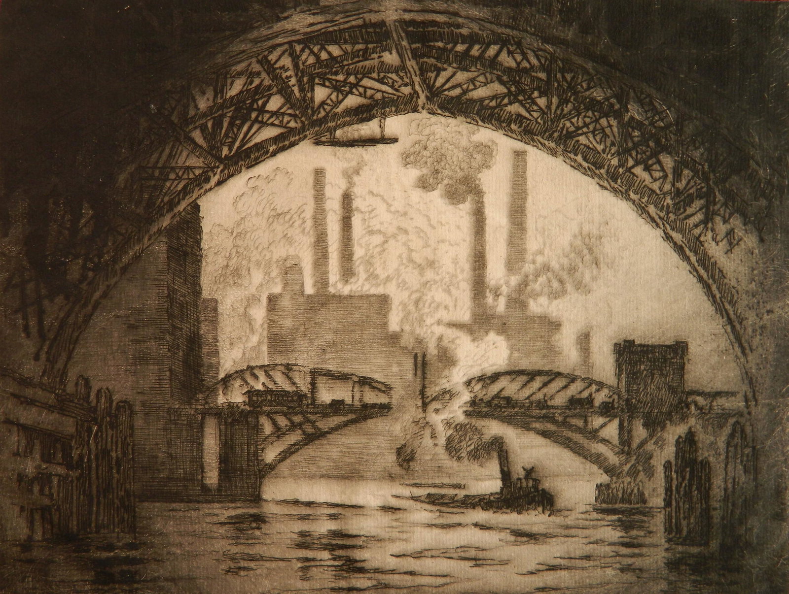 Joseph Pennell etching: Joseph Pennell (American 1857-1926)- ''Under the Bridges, Chicago'' (Wuerth 593 i/II)- etching, 1910, signed and annotated 'imp' in pencil, early state before the edition of 50, printed on laid paper 