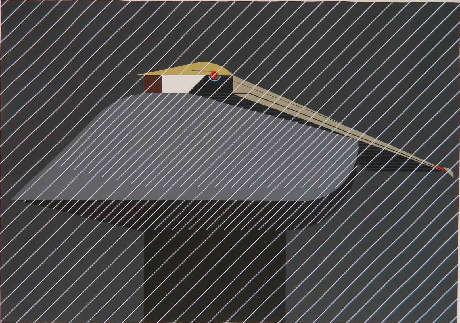 Charley Harper silkscreen: Charley Harper (American 1922-2007)- ''Pelican in a Downpour''- silkscreen in color, 1972, signed and numbered 358/1500 in pencil, very good condition. 13 x 18''