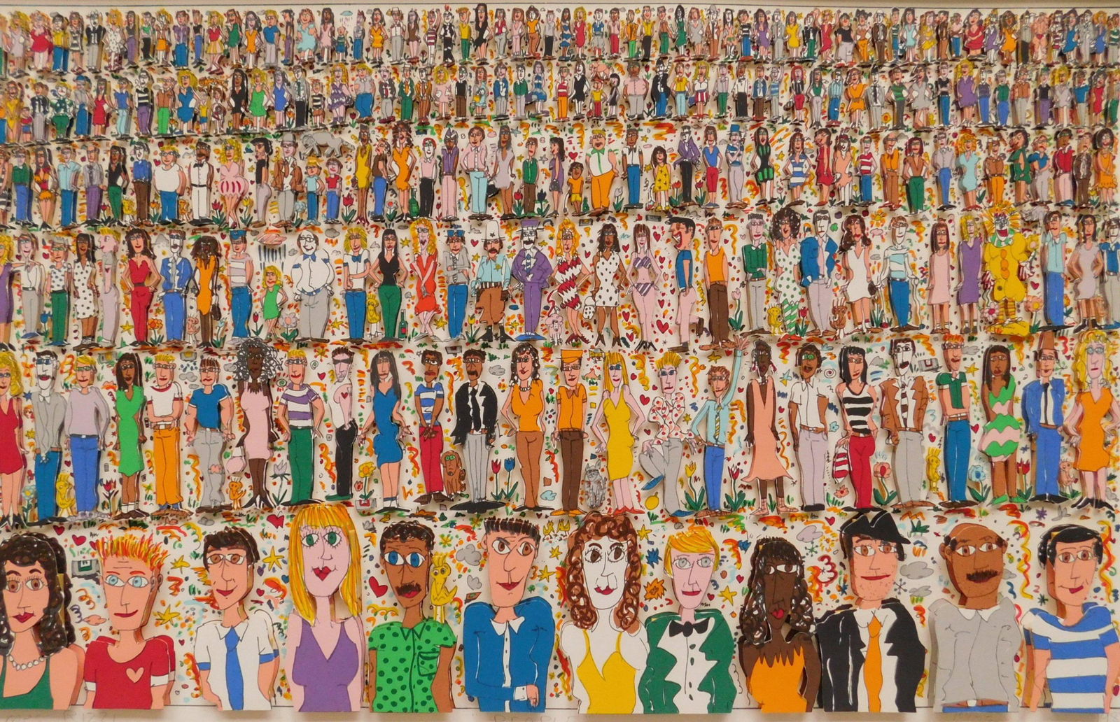 James Rizzi 3-d silkscreen: James Rizzi (American 1950-2011)- ''People''- silkscreen in color with 3-d collage, 1988, signed, titled, dated and numbered 104/250 in pencil, good condition. 16 x 26''