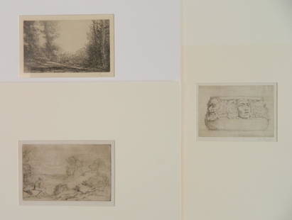 3 Alphonse Legros etchings: Alphonse Legros (French 1837-1911)- ''Lisiere de Bois''- etching, signed in pencil. 4 5/8 x 7 3/4''. ''Les Rochers'' (Bliss 228 iii/III)- drypoint, edition of 10. 5 x 7 7/8'' ''La Vase aux