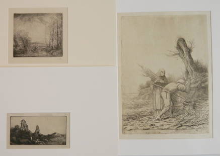 3 Alphose Legros etchings: Alphonse Legros (French 1837-1911)- ''Las Vielles Carrieres de Mont Rouge'' (Bliss 351)- drypoint, sgined in pencil. 3 1/2 x 7'' ''Souvenir du Lac de Trasiemere'' (B. 674 ii/II)- etching and drypoint,