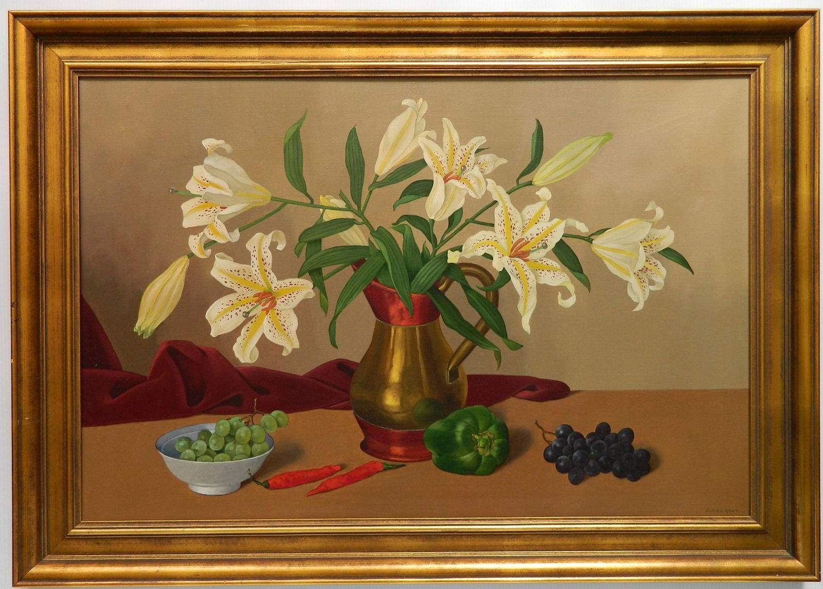 Joan Gent oil: Joan Gent (American 19/20th c.)- Still-Life with Lillies- oil on canvas, signed Joan v. Gent lower right, multiple small holes on left side of iamge, 1/4'' hole 4'' down from top edge in upper left. 2