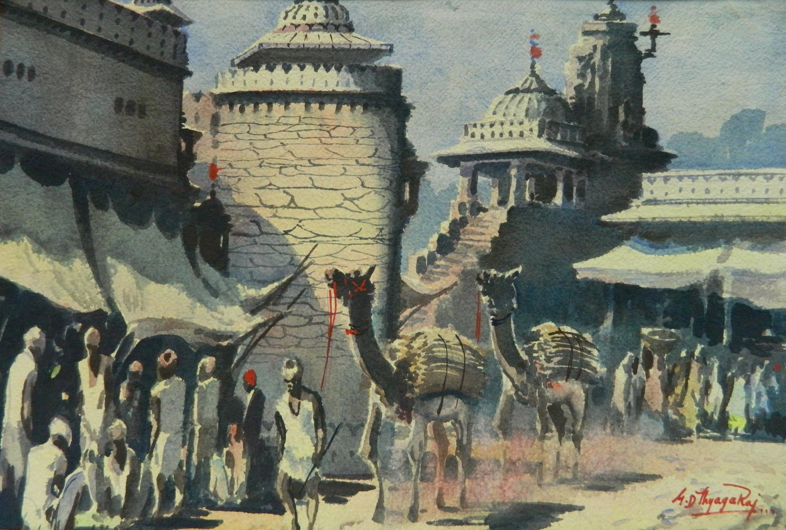 Gideon Devapriam Ray Thyaga Raj watercolor: Gideon Devapriam Ray Thyaga Raj (Indian 1930- )- Street Scene- watercolor on paper, signed A. D. Thyaga Ray lower right, good condition. 13 x 19 1/4''