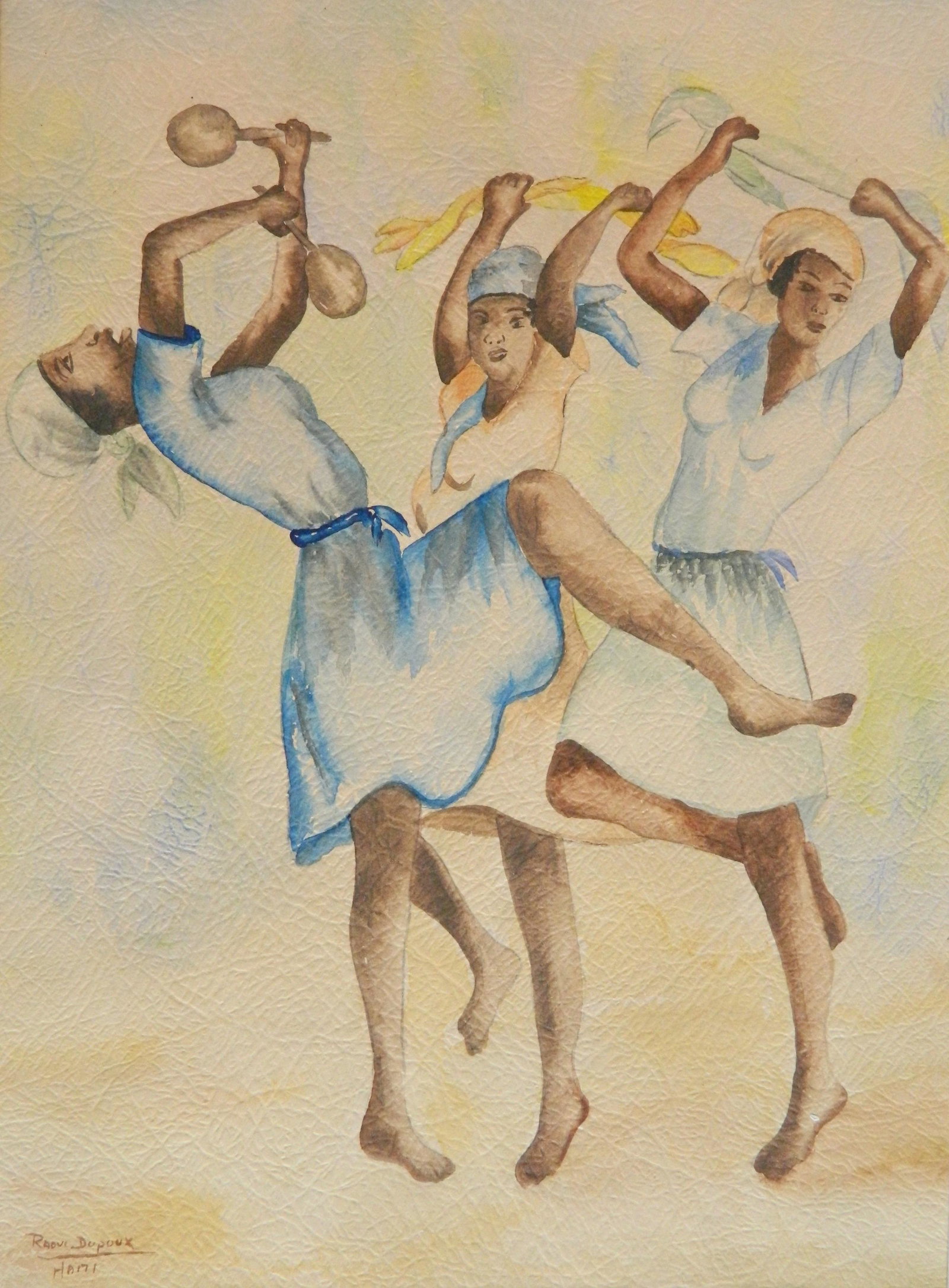Raoul Dupoux watercolor: Raoul Dupoux (Haitian 1906-1988)- Ladies Dancing- watercolor on paper, signed Raoul Dupoux / Haiti lower left, light struck, top edge taped to support board with double sided tape. 13 x 10'' (sheet)