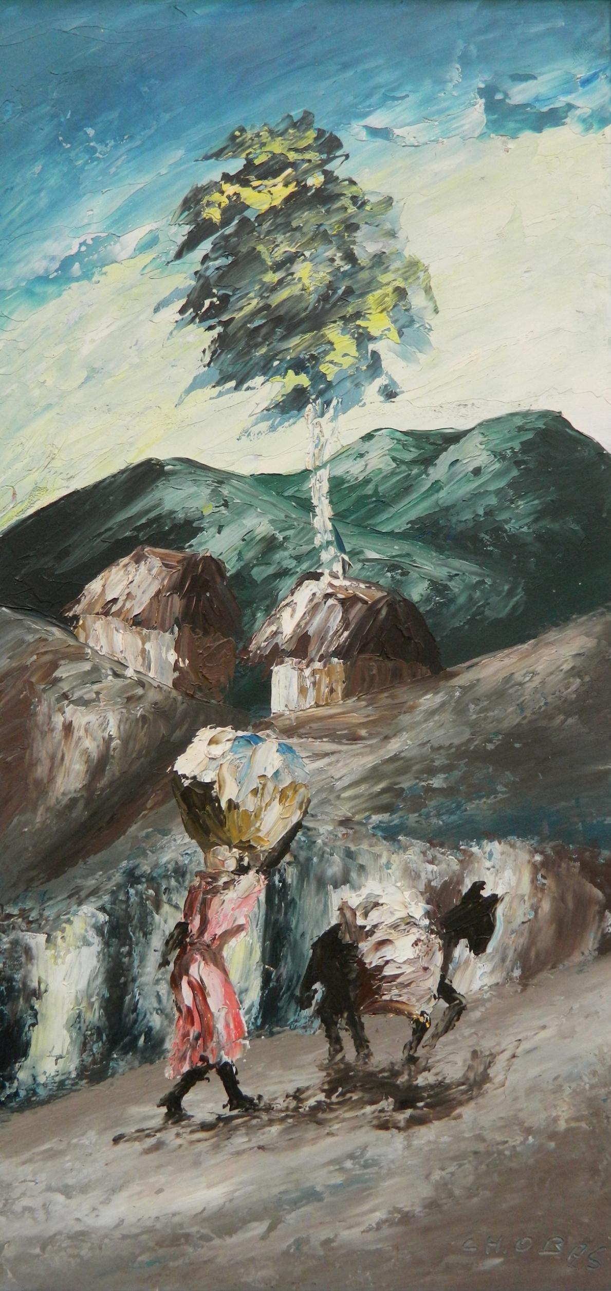 Charles Obas oil: Charles Obas (Haitian 1927-1968)- Woman with Donkey- oil on panel, signed Ch. Obas lower right, very good condition. 16 x 8''