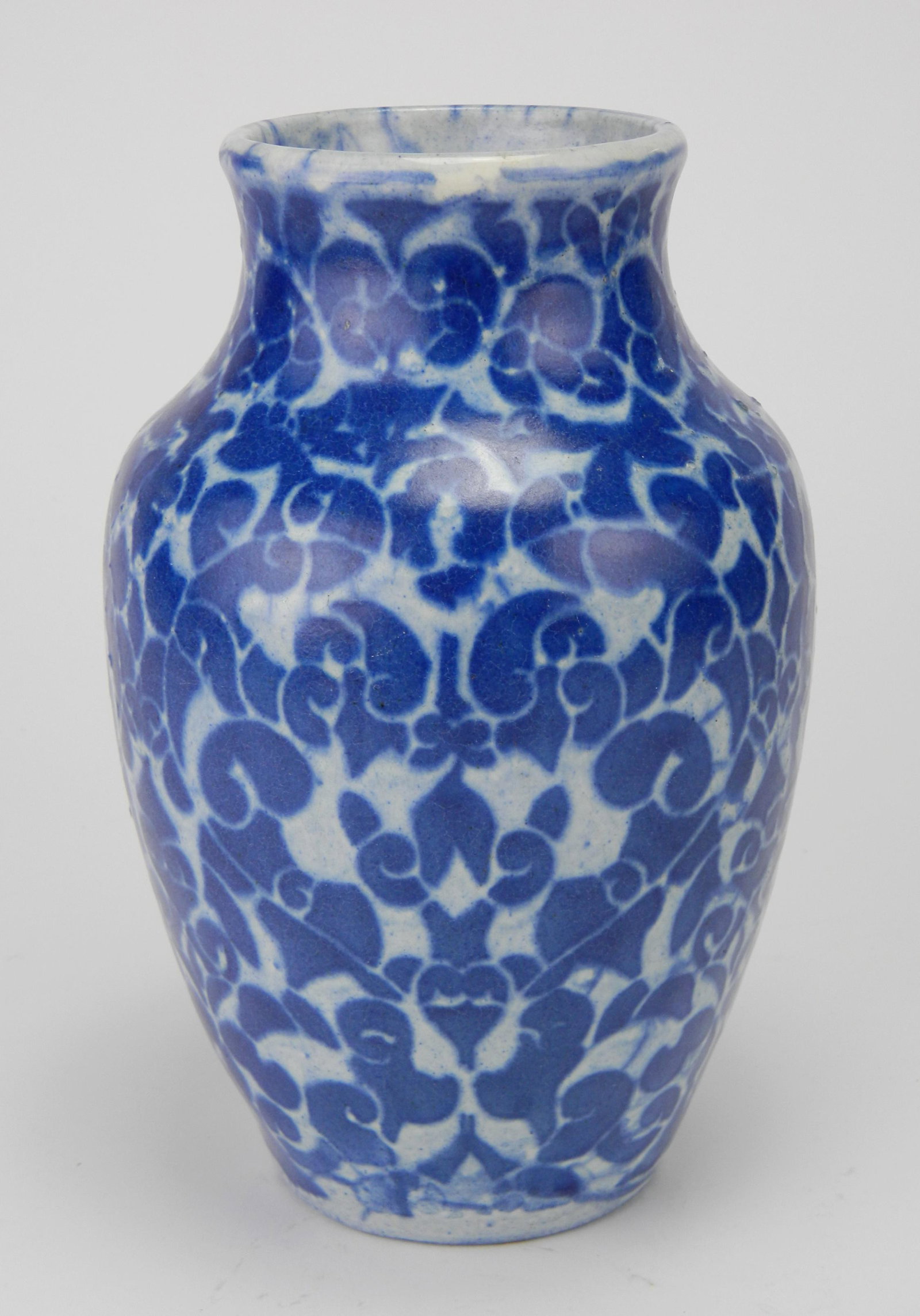 Velten-Vordamm vase: Velten-Vordamm vase- cobalt on light blue Art Nouveau vines, minor chips and a couple rough spots on bottom. 9''h