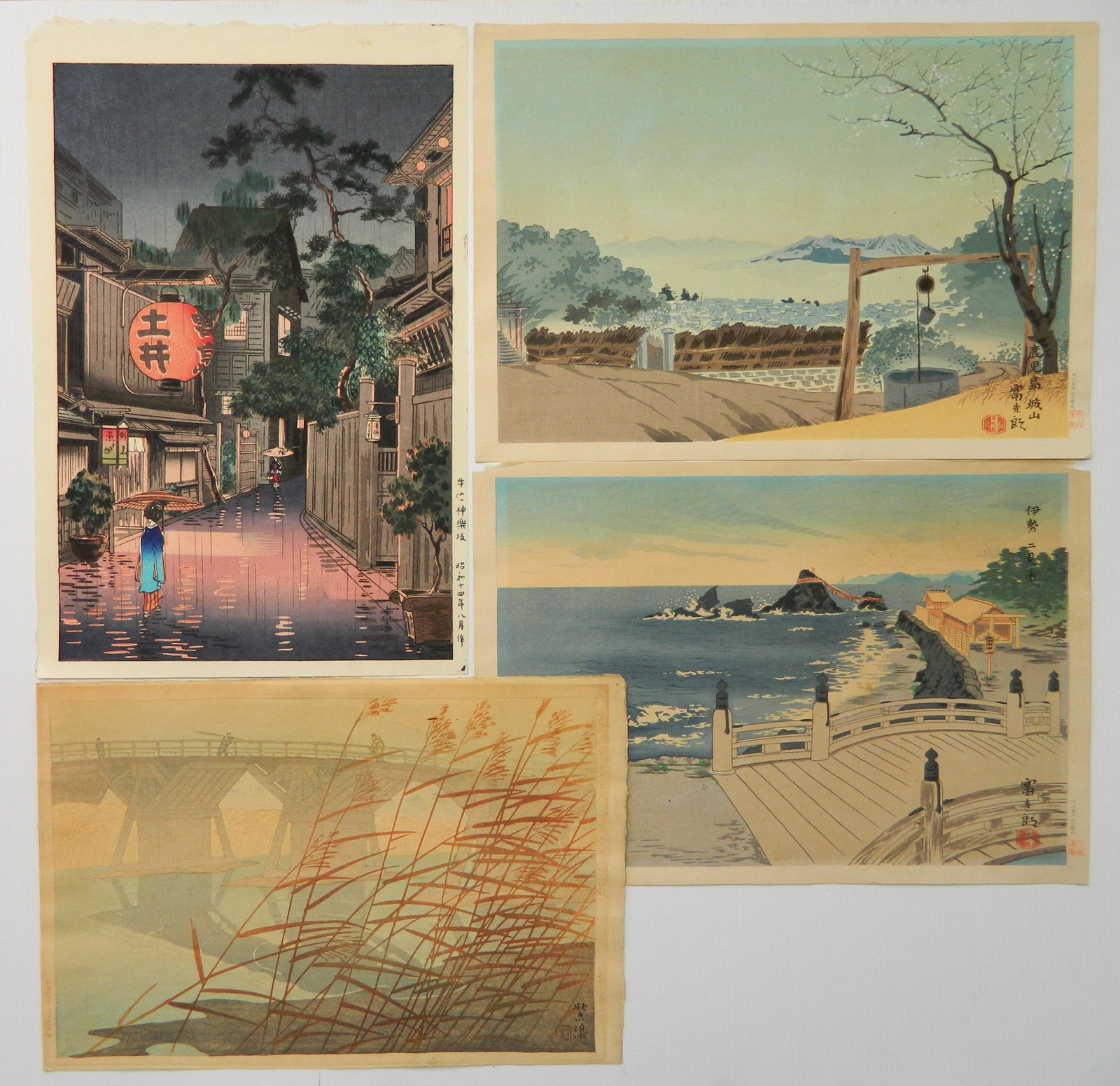 4 Japanese woodblocks: 4 Japanese woodblocks- 1.) Shiro Kasamatsu- ''Late Autumn at Imai Bridge''; 2.) Koitsu Tsuchiya- ''Ushigome Kagurazaka''; 3.) and 4.) Tomikichiro Tokuriki- Pair of Landscapes- overall fair condition, 