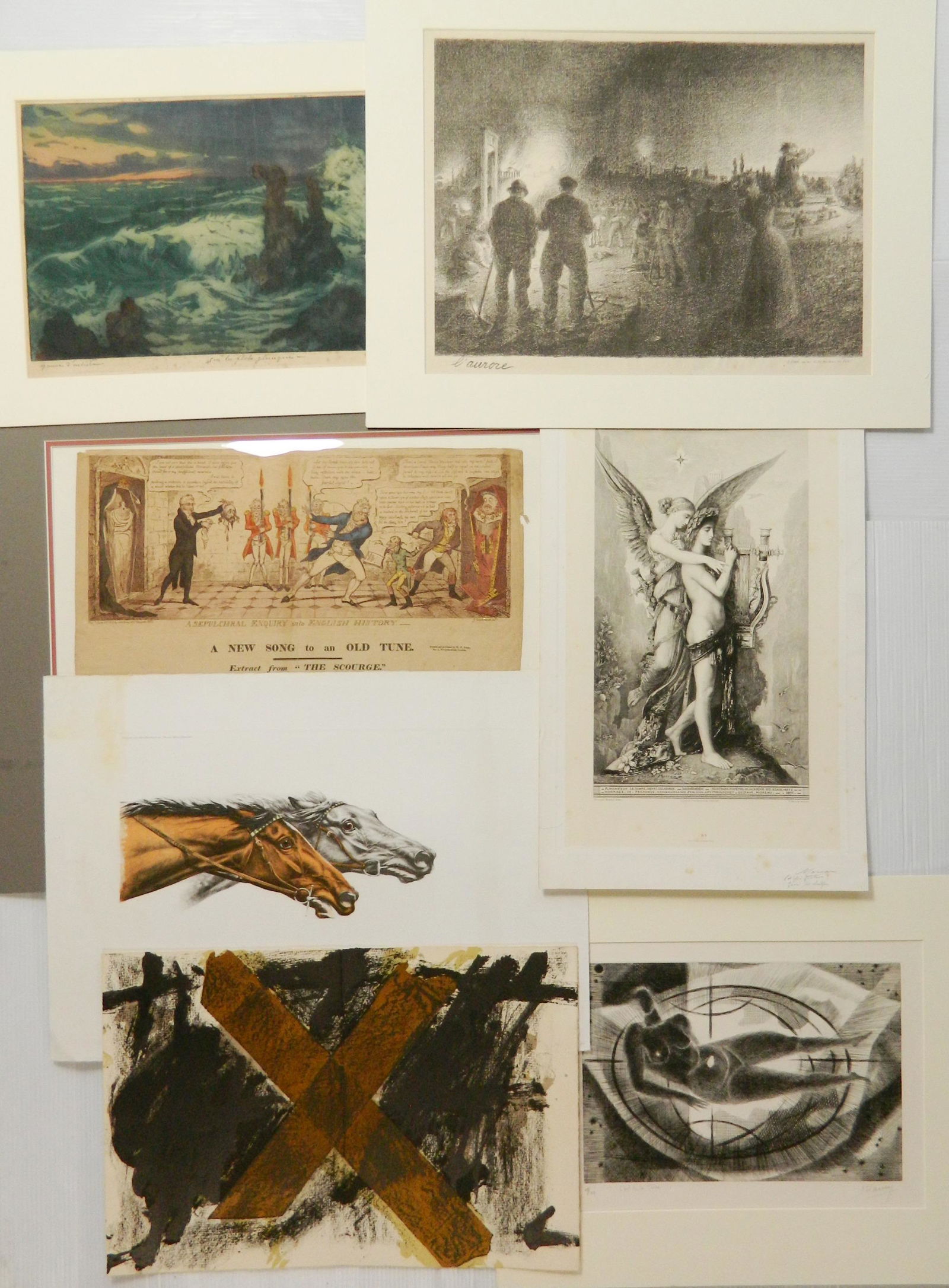 7 Etchings: 7 Etchings- 1.) after Gustave Moreau etching and engraving; 2.) Leon Danchin- Horses- etching in color, 1937, signed in pencil; 3.) Antoni Tapies- ''Lettre X''- lithograph in color, 1972; 4.) George C