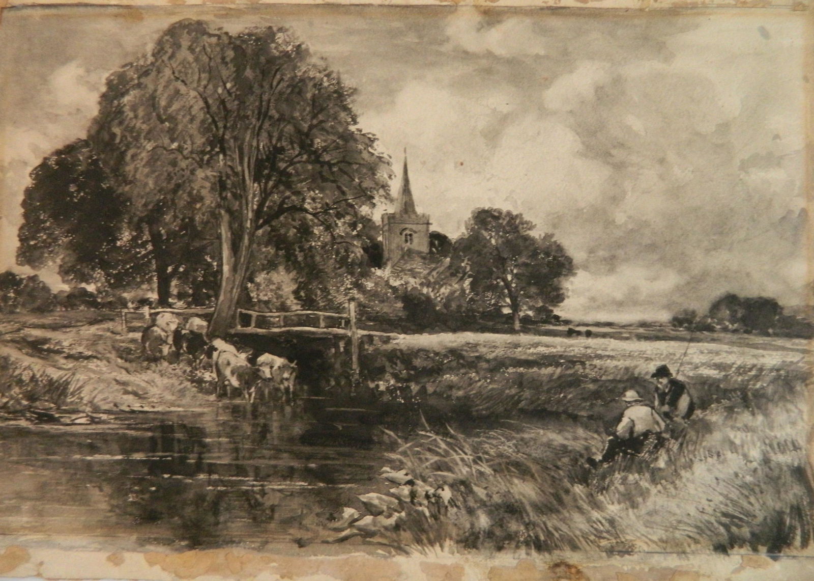 Style of John Constable grisaille watercolor: Style of John Constable- Crossing The Stream- grisaille watercolor on paper, mounted to brown paper, old mat burn, some age toning to paper, paper remnants in margins from old mat being adhered. 13 x