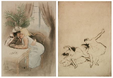 2 Louis Legrand etchings: Louis Legrand (French 1863-1951) 1). ''Les Amies de Montmarte'' (Arwas 191)- etching, aquatint and drypoint in color, signed in pencil, published for ''L'Oeuvre et L'Image'', slightly light struck, di