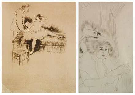 2 Louis Legrand etchings.: Louis Legrand (French 1863-1951) 1).''L'Amateur'' (Arwas 254)- etching and drypoint, 1905, signed, titled and numbered 3/3 in pencil, regular edition of 50, good condition. 11 x 8 1/2'' 2). ''Madame D