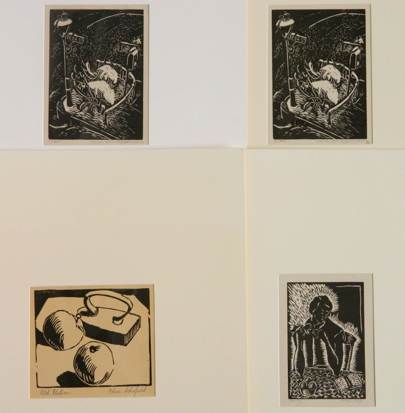 4 Linocuts: 4 Linocuts- 1.) Harry Mintz (Polish/American 1907-2002)- ''Reading''- 1936, signed and titled in pencil, from the De Luxe edition of the Chicago Society of Artists Blockprint Calendar 1937. 6 x 4''; 2