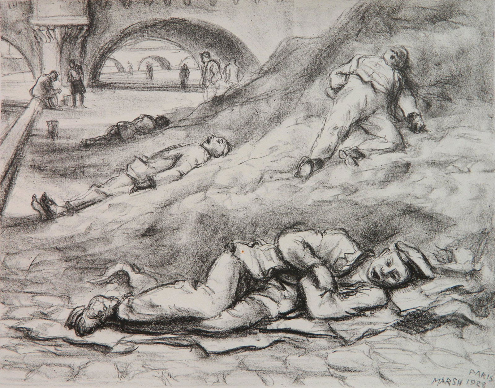 Reginald Marsh lithograph: Reginald Marsh (American 1898-1954)- ''Along The Seine'' (Sasowsky 13)- lithograph on chine colle, 1928, signed and annotated '40 proofs' in pencil, crease in paper along right edge, well away from im