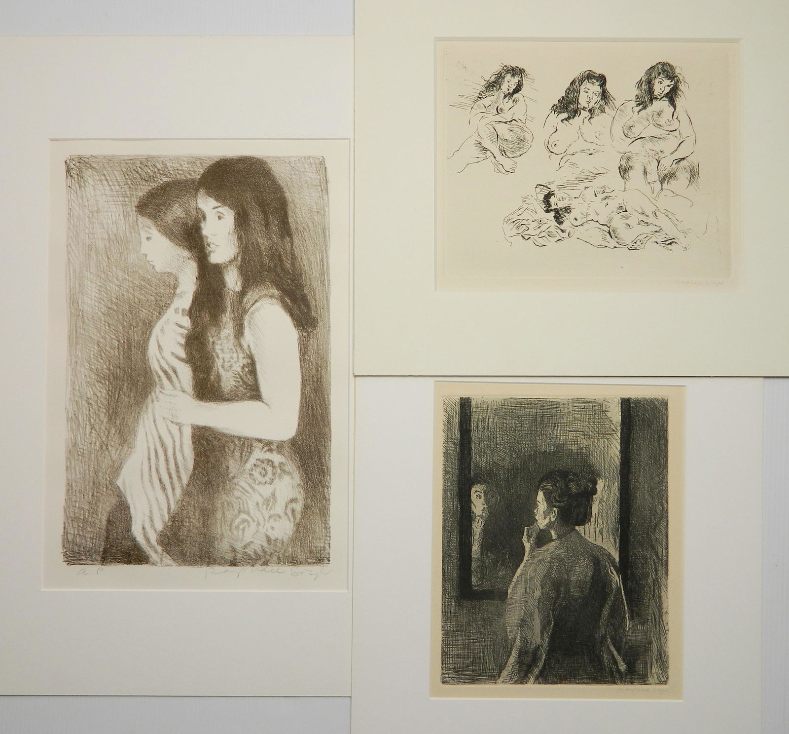 3 Raphael Soyer prints: Raphael Soyer (American 1899-1987)- Model at Mirror; Four Nude Studies & Two Girls- 2 etchings and 1 lithograph, all signed in pencil, AAA editions, good condition. 14 x 9'' (largest)