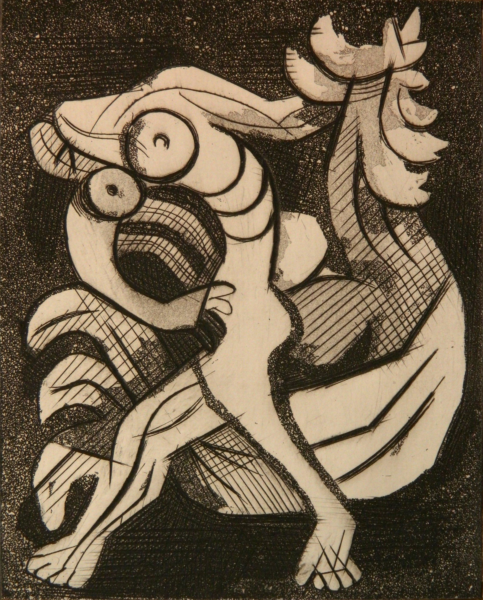 Jacques Lipschitz etching: Jacques Lipschitz (Fremnch 1891-1973)- ''Nude and Cock''- etching and aquatint, 1945, signed and annotated 'epreuve d'essai', 6/10' in pencil, regular edition 50, very good condition. 6 3/4 x 5 1/2''