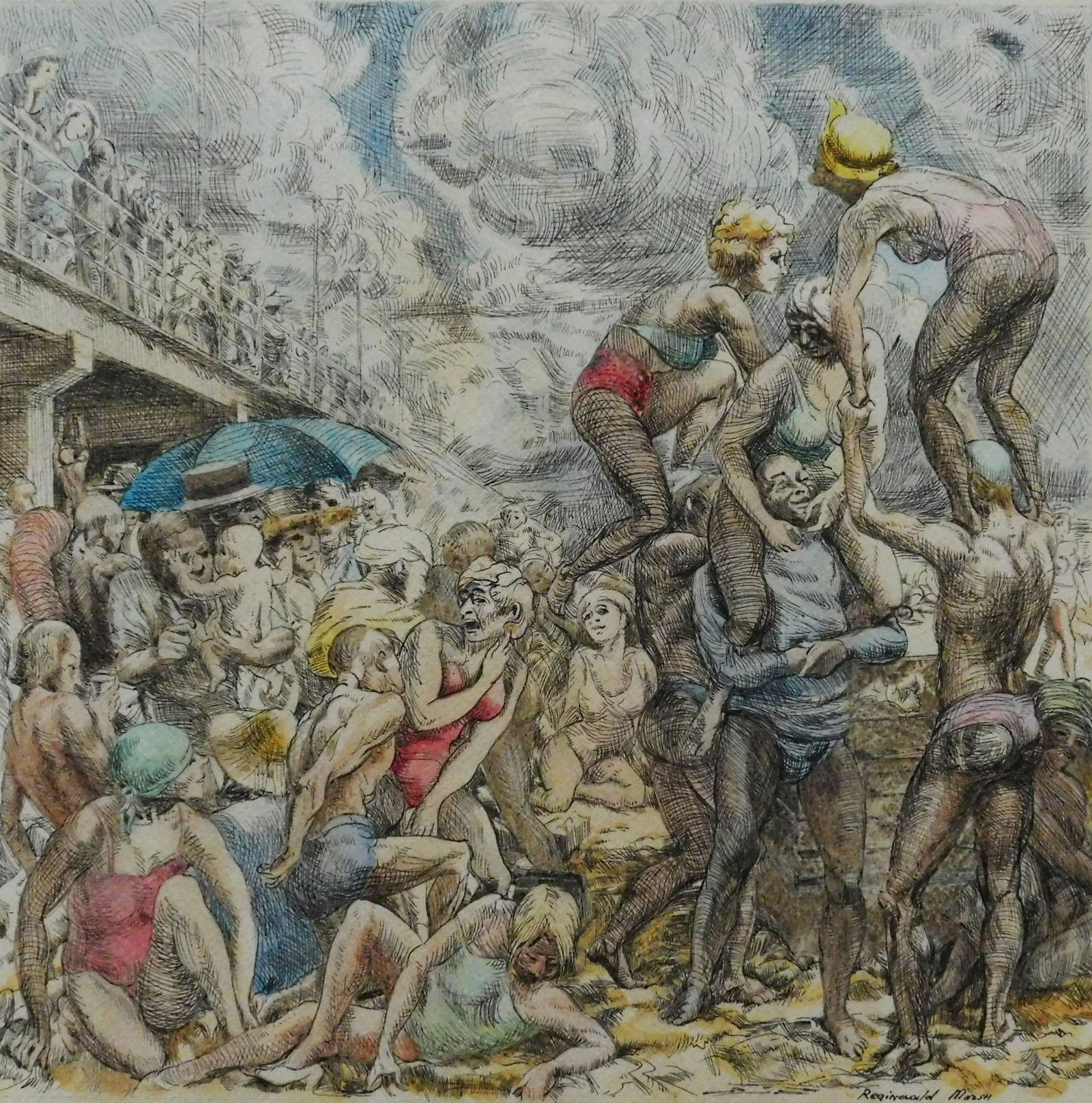 Reginald Marsh watercolor and pen and ink: Attributed to Reginald Marsh (American 1898-1954)- ''Coney Island Beach''- pen and ink and watercolor on paper, signed Reginald Marsh lower right, some discoloration to paper does not affect the image