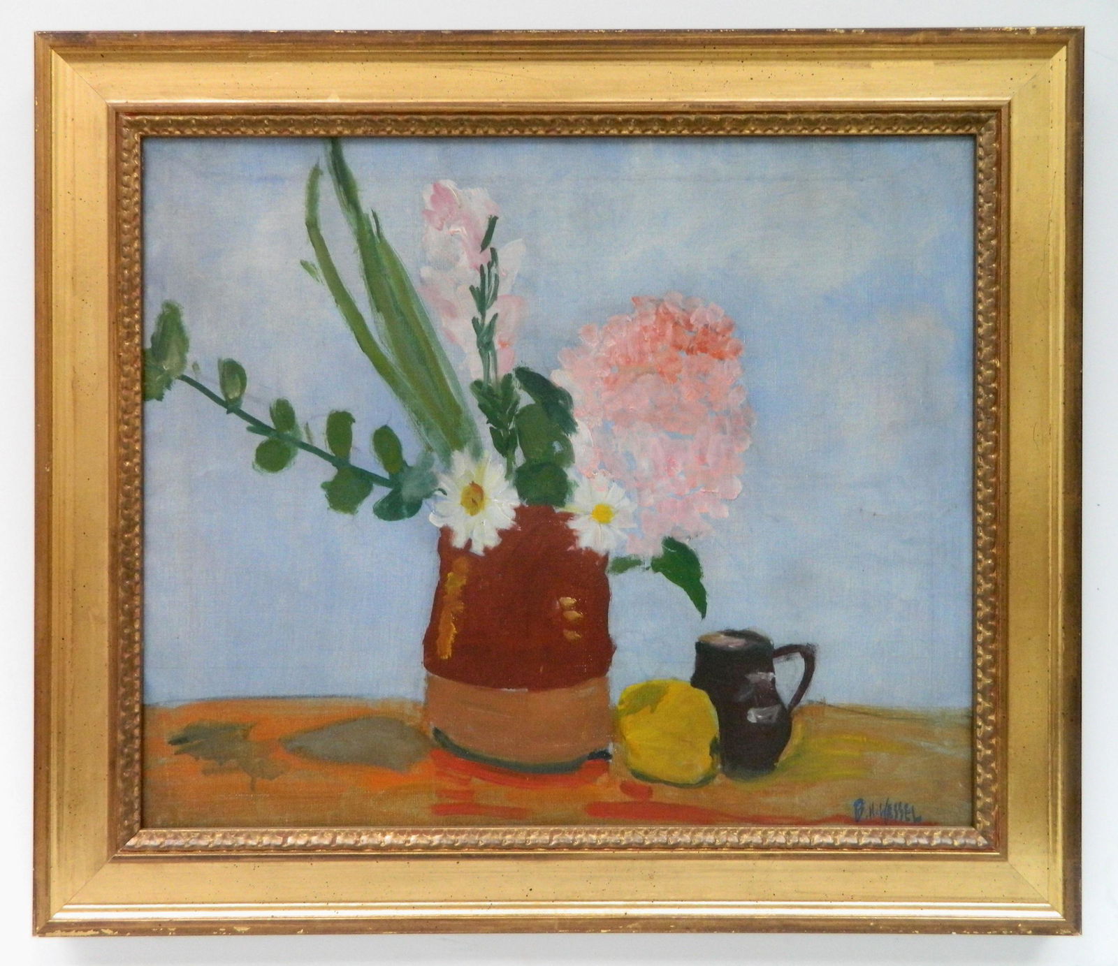 Bessie Hoover Wessel oil: Bessie Hoover Wessel (American 1889-1973)- Still-Life with Flowers- oil on canvas, signed B. H. Wessel lower right, minor scratches on right side of the painting. 18 x 21 1/2''