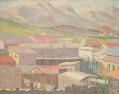 Paul Winchell oil: Paul Winchell (American 1903-1972)- Landscape with Rooftops- oil on canvas, 1938, signed and dated in pencil lower right (possibly by another hand), framed. 16 x 20''