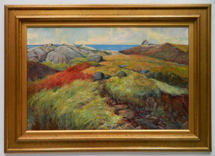 George G.Adomeit oil: George G. Adomeit (American 1879-1967)- ''Monhegan Island''- oil on masonite, signed Geo. G. Adomeit lower right, framed, very good condition. 17 x 26'' Provenance: Vixseboxse Art Gallery, Cleveland,