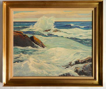 George G. Adomeit oil: George G. Adomeit (American 1879-1967)- Waves Against Rocks- oil on masonite, signed Geo. G. Adomeit lower left, framed, some paint loss lower right corner. 24 x 30''