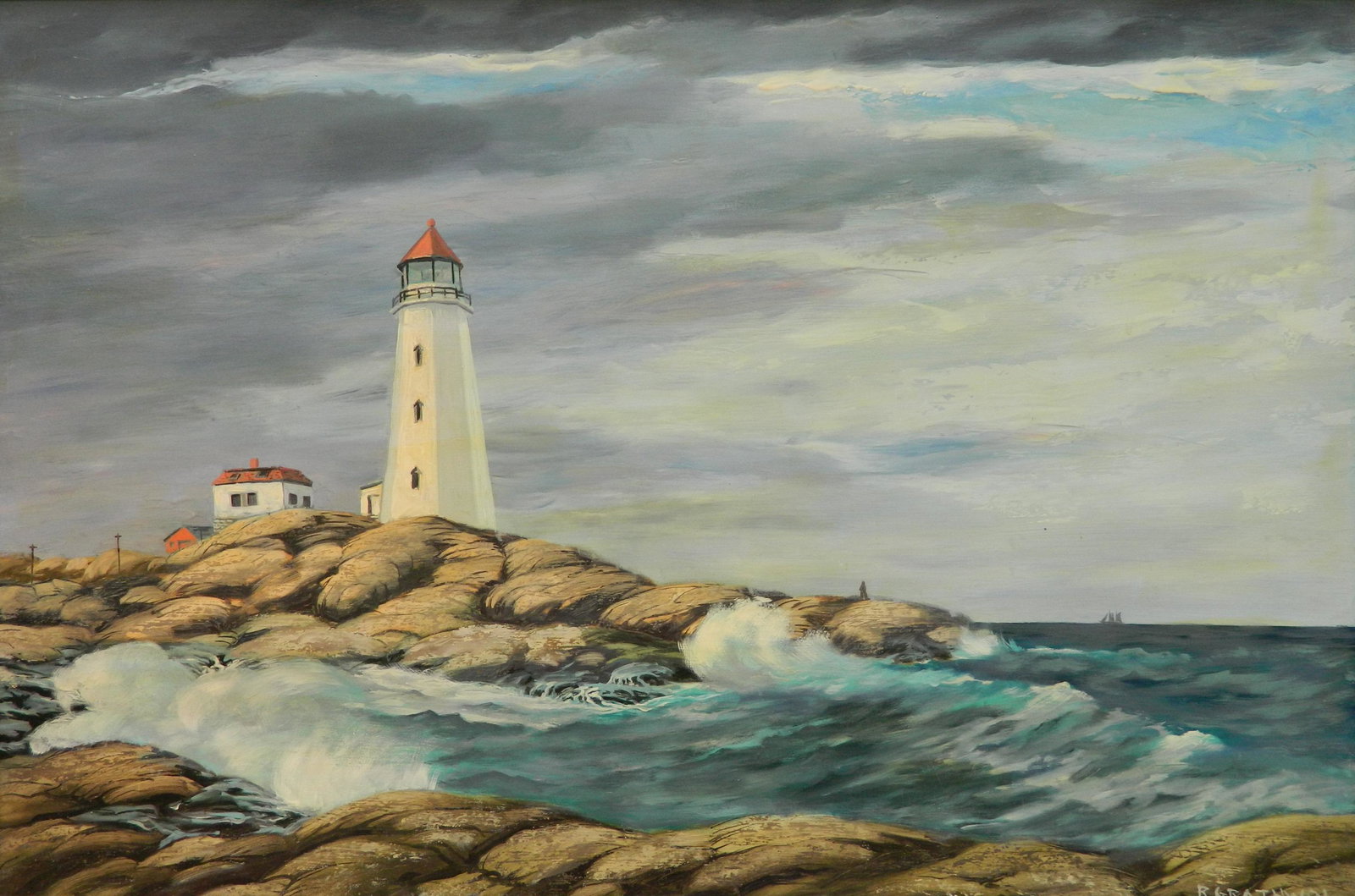 Ray Grathwol oil: Ray A. Grathwol (American 1900-1992)- Lighthouse- oil on masonite signed R. Grathwol lower right, some minor scratches to surface. 24 x 36''