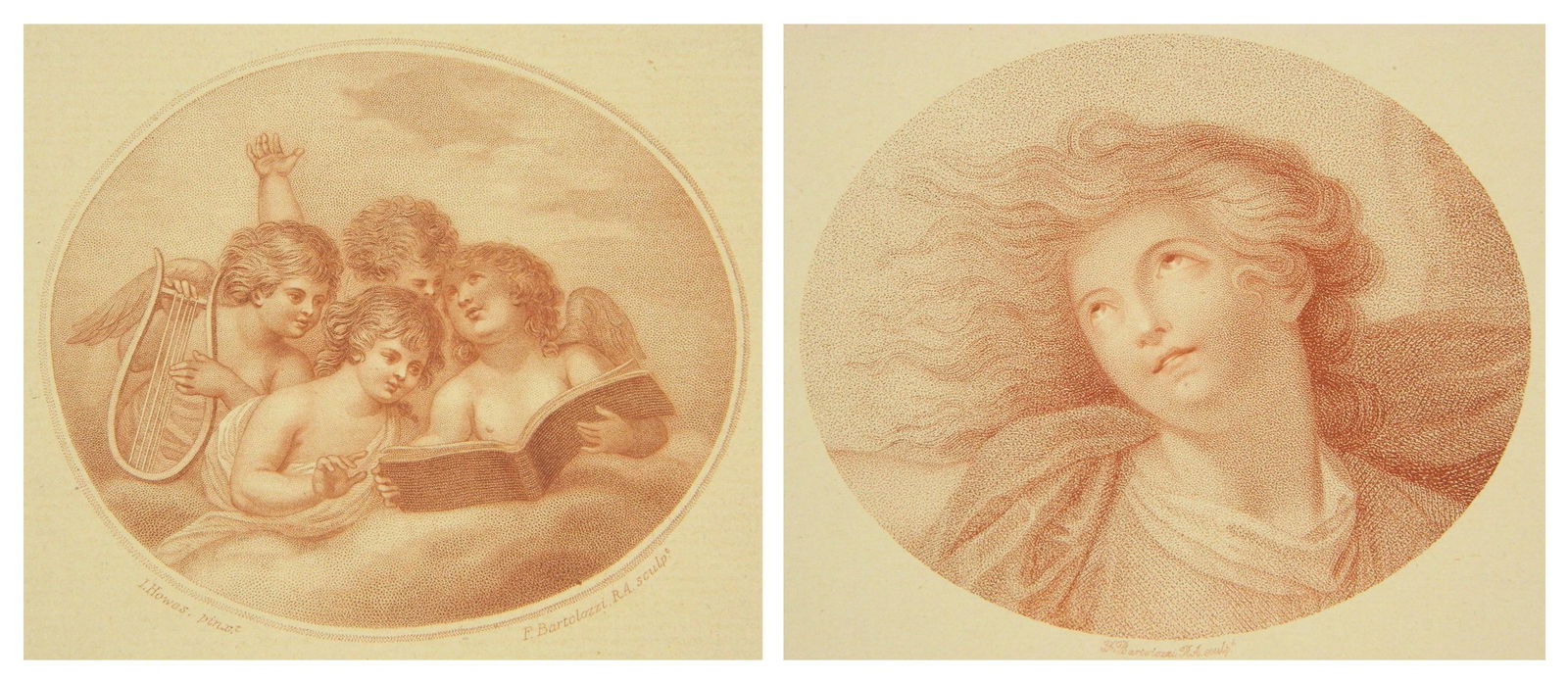 Francesco Bartolozzi 2 engravings: Francesco Bartolozzi (Italian 1728-1815)- 2 engravings in color- 1.) ''Heavenly Chorus'' after Howes- published 1791, 3 1/4 x 3 3/4''; 2.) Woman's Head- 3 5/8 x 4 3/8''