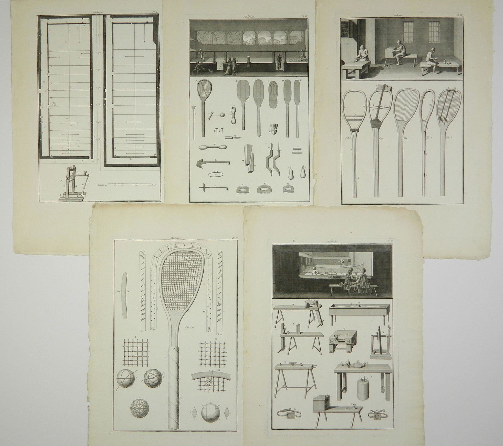5 French engravings: 5 French engravings- Tennis scenes- from ''Encyclopedie'', edited by Denis Diderot and Jean le Rond d'Alembert, France, 1751-1772. approx. 18 x 12'' ea. (sheet)