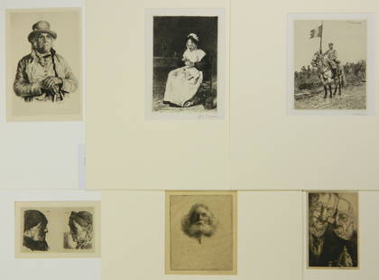 6 Etchings and drypoints: 6 Etchings and drypoints- 1.) Katherine Levin- ''Grandpa'' after Hugo Kauffman- 8 1/4 x 5 1/2''; 2.) Wilhelm Leibl- Two Heads of Peasant Women- 1874, 3 5/8 x 6''; 3.) Robert Lawson- ''The Connoisseurs