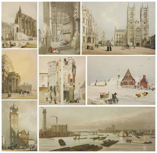 8 Thomas Shotter Boys lithographs: Thomas Shotter Boys (English 1803-1874)- ''Belfry, Ghent''; ''The South Porch of Chartres Cathedral''; ''Hotel de la Tremouille, Rue Des Bourbonnes''; ''Saint Chapelle''; ''By Loke, Ghent''; ''Westmin