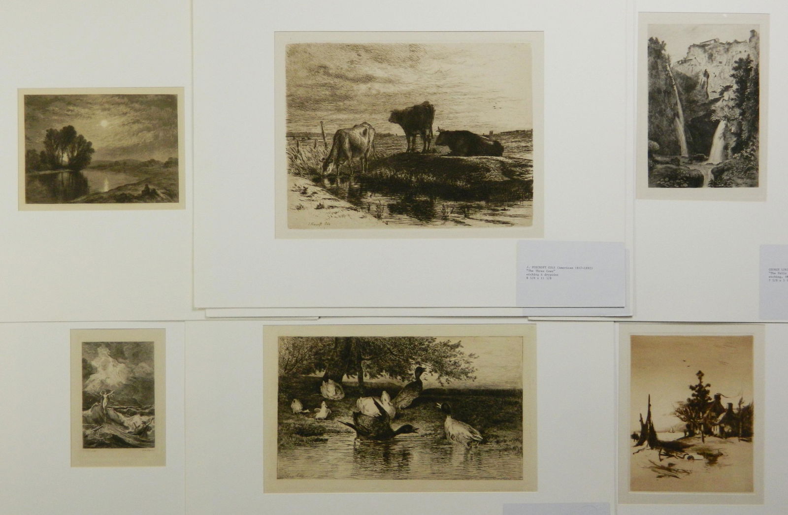 7 Etchings and drypoints: 7 Etchings and drypoints- 1.) George Loring Brown- ''The Falls of Tivoli''- 1854; 2.) and 3.) 2 copies of- Joseph Foxcroft Cole- ''The Three Cows''- c. 1883; 4.) John Henry Hill- ''Moonlight on the An