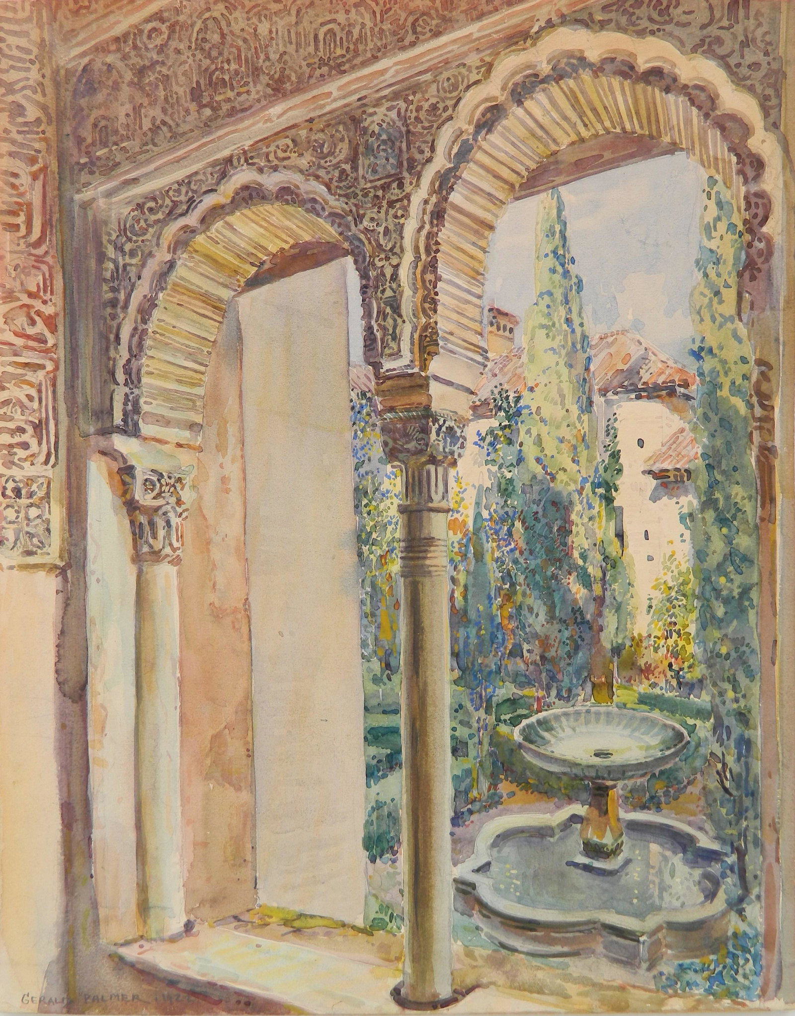 Gerald Palmer watercolor: Gerald Palmer (American 20th c.)- Courtyard Interior- watercolor on paper, 1926, signed Gerald Palmer, good condition. 16 x 12''
