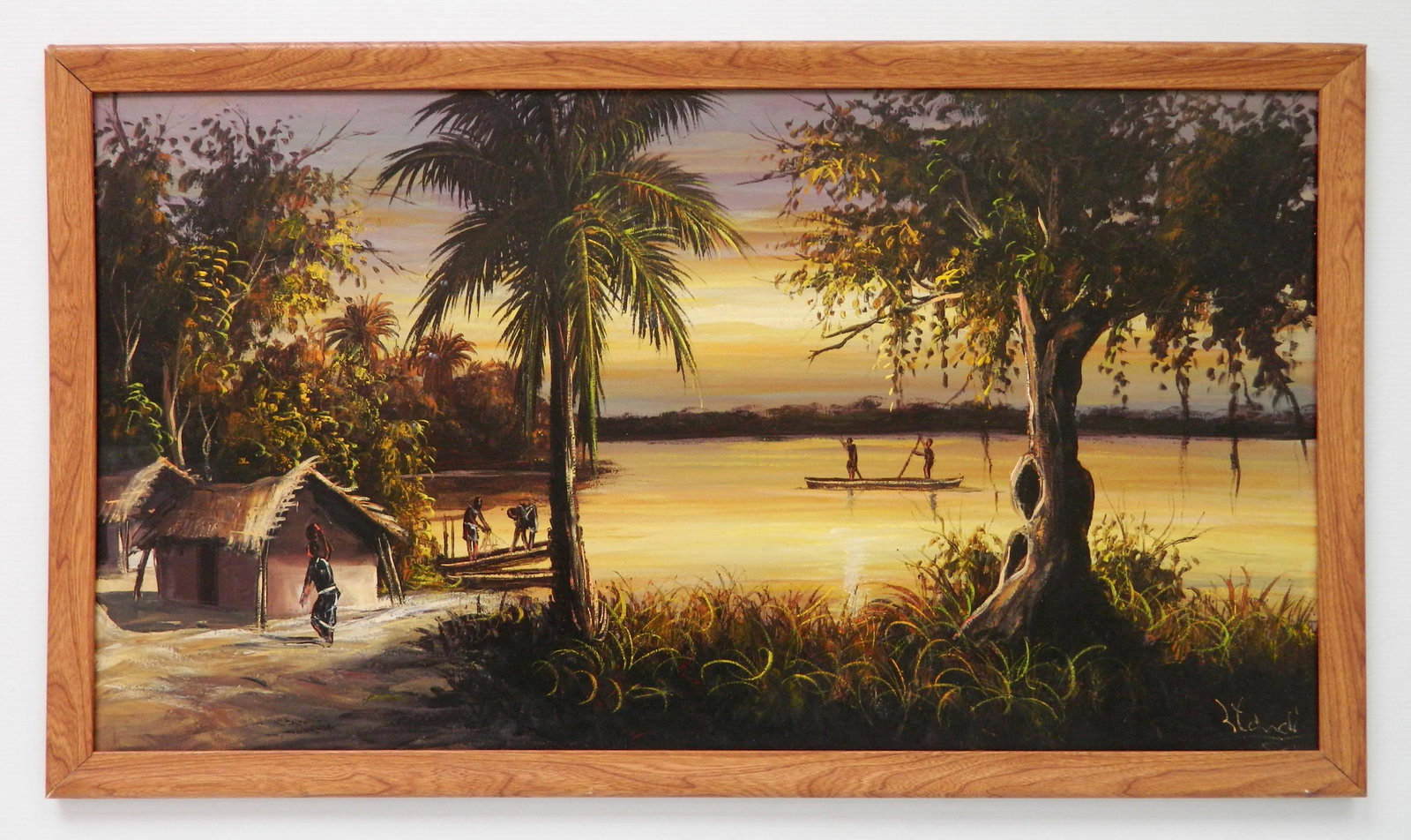 Style of Florida Highwayman oil: Style of Florida Highwayman- Tropical Scene at Sunset- oil on canvas, wrapped around panel, signed (illegibly) lower right, very good condition. 20 x 37''