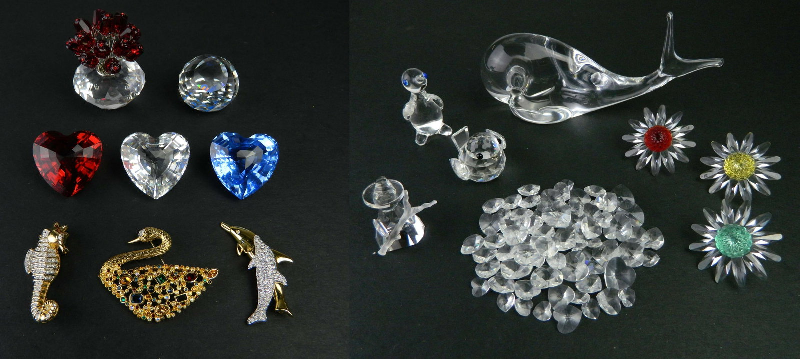 13 Swarovski crystal items: 13 Swarovski crystal items- including 3 brooches- Swan, Dolphin and Seahorse; ''The Vase of Roses'' figurine, marked, with original box; 4 small promotional paperweights; Bird, marked on bottom; Figur