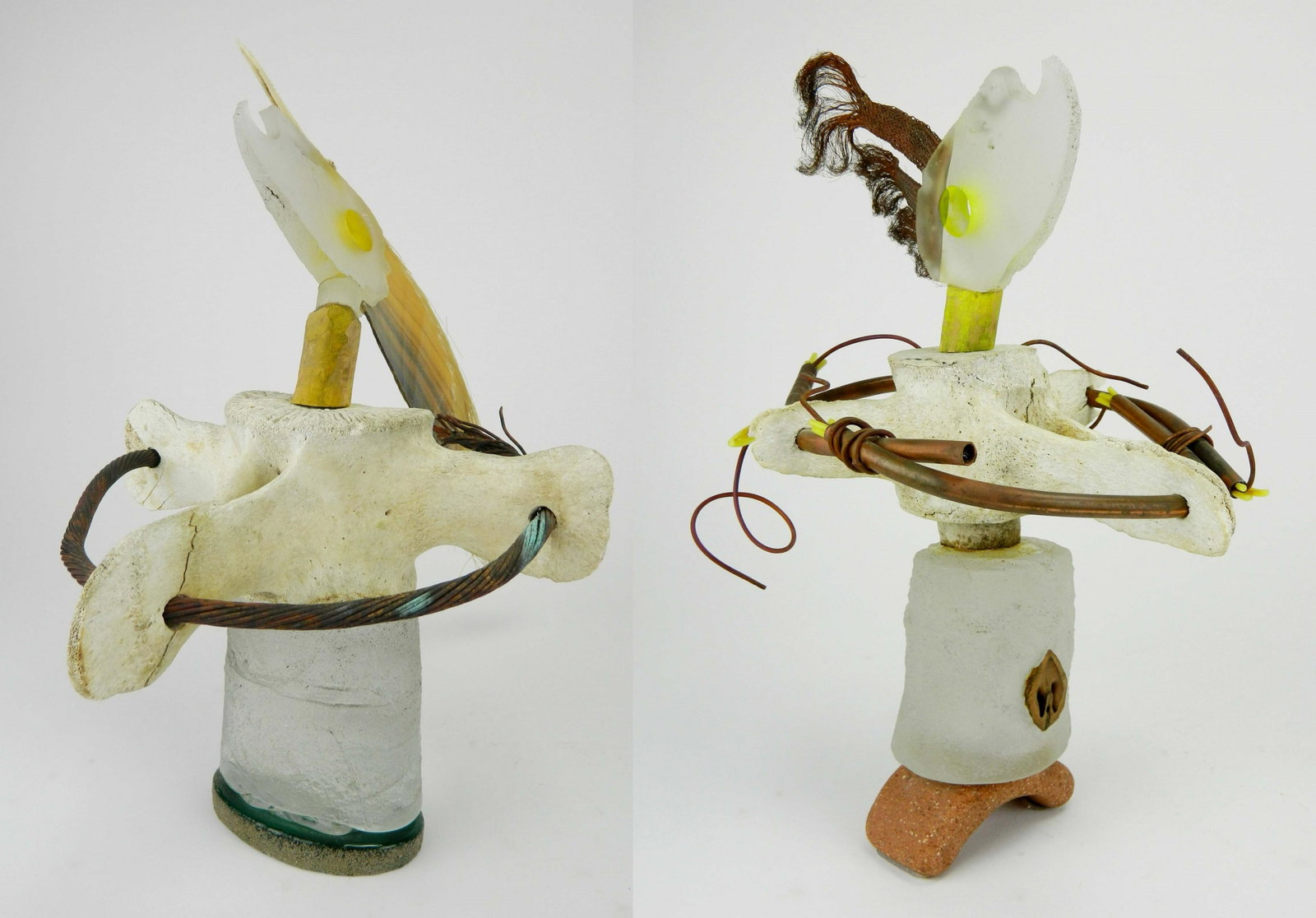 2 Kevin Lockau sculptures: Kevin Lockau (Canadian 1956- )- ''Totem''& ''Woman Broken Circle''- 2 mixed media sculptures, glass, whale bone, copper tubing, wood and fabric, one signed and titled on bottom. 14 1/2'', 15 1/2''h