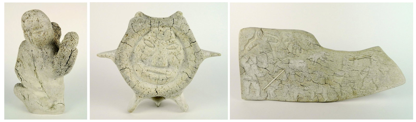 3 Inuit carved whale bones: 3 Inuit carved whale bones- Hooded Eskimo; Man; and a relief carving of a hunt, various sizes.