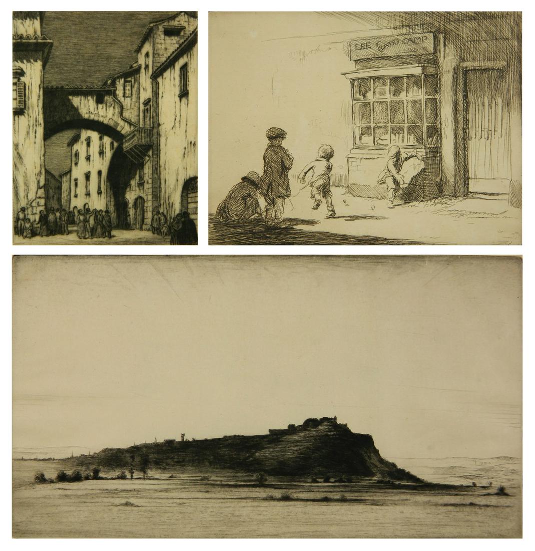 3 British etchings: 3 British etchings- 1). Frederick A. Farrell (British 1882-1935)- ''Sterlington Sunset''- faint signature. 7 3/4 x 14'' 2). Eileen A. Soper (British 1905-1990)- ''Boy's Playing''- signed in pencil. 5 
