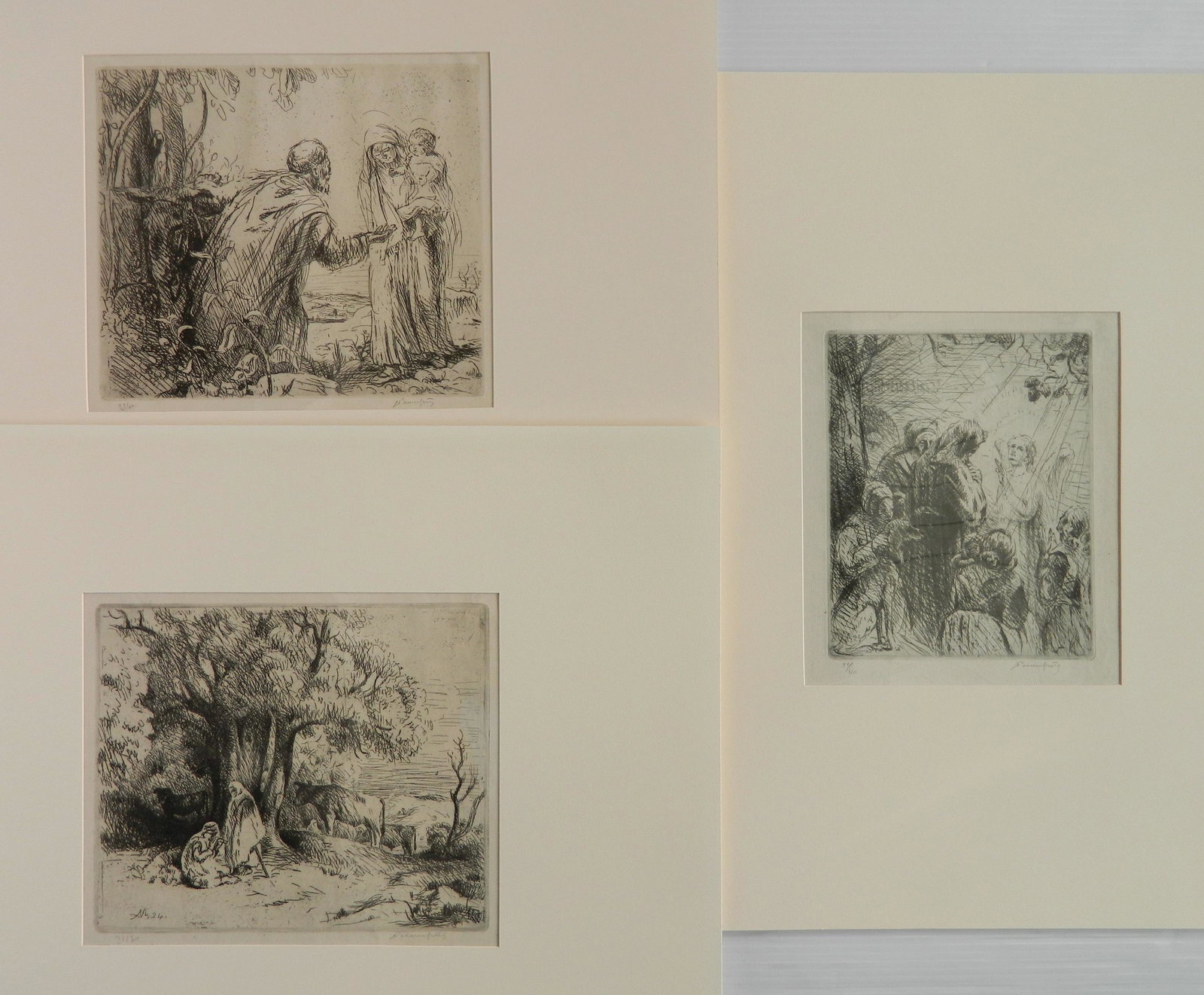 3 Adolphe Beaufrere etchings: Adolphe Beaufrere (French 1876-1960)- 1). ''L'Ange Raphael Guerit Tobie'' (IFF 163)- 1922, numbered 10/40 in pencil. 7 5/8 x 6 1/4'' 2). ''Depart (Fuite en Egypte)'' (IFF 134)- 1921, numbered 29/60, m
