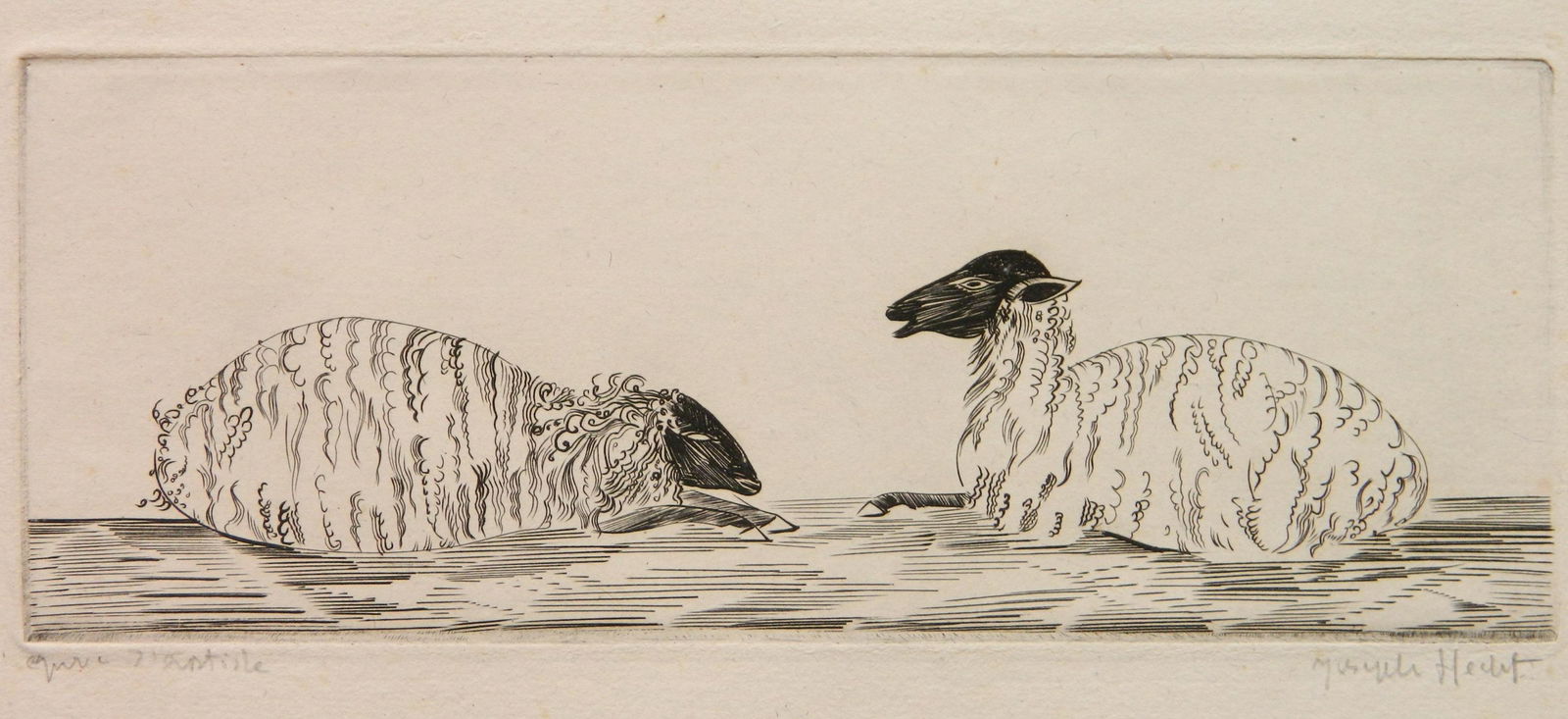 Joseph Hecht etching: Joseph Hecht (Polish 1891-1951)- Sheep- etching, signed and annotated 'epreuve d'artiste' in pencil, very good condition. 3 1/8 x 8 3/8''